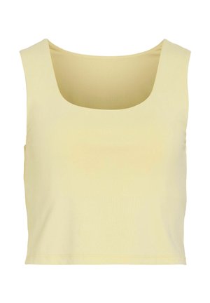 Ermeløs blekgul crop-top med firkantet utringning laget av glatt stoff.