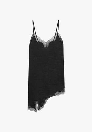 Czarna asymetryczna sukienka na cienkich podwójnych ramiączkach, ozdobiona koronką wzdłuż dekoltu i dołu.