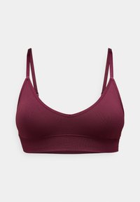 Bralette bordô com uma textura suave, copas triangulares, alças finas ajustáveis e uma faixa confortável na parte inferior.