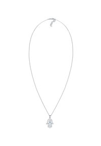 Collier en argent avec un pendentif en forme de main, présentant des détails complexes et un accent œil. La chaîne est fine et ajustable.