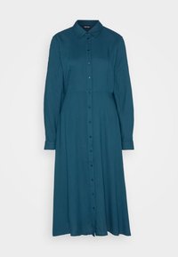 Tyrkysové šaty na knoflíky s límcovým výstřihem, dlouhými rukávy a úzkým pasem, přecházející do rozšířeného lemu. Hladká textura látky.