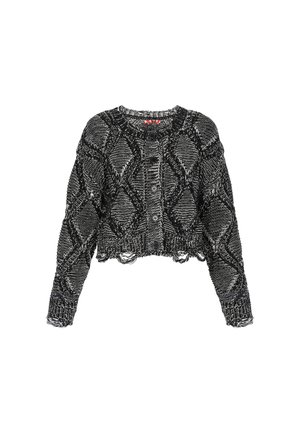 Gekürzter schwarz-weißer Strickcardigan mit Rautenmuster, Rundhalsausschnitt, vorderen Knöpfen und ausgefransten Kanten an den Manschetten und am Saum.