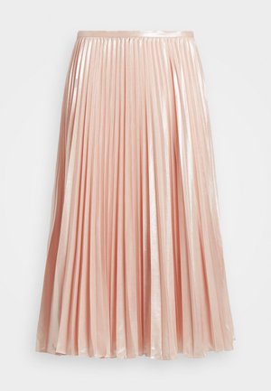 Lichtroze, metallic geplooide midi-rok met een aansluitende tailleband en vloeiende verticale plooien.