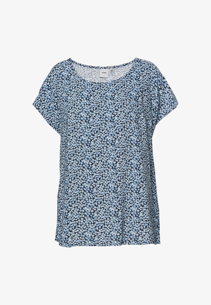 Blouse à manches courtes florale en bleu marine avec des motifs blancs et bleu clair. Tissu doux et léger, avec une coupe ample et un col rond.