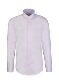 Chemise habillée homme à manches longues rose clair avec devant boutonné et col pointu, présentée sur un fond blanc.