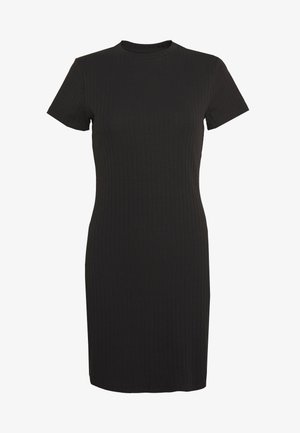 Robe noire côtelée avec une silhouette ajustée, des manches courtes et un col rond. Fabriquée en matière extensible pour un ajustement confortable.