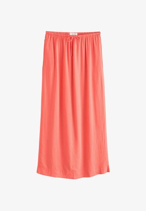 Gonna di lunghezza media in corallo realizzata in tessuto leggero, con vita elastica dotata di cordoncino e bordo dritto.