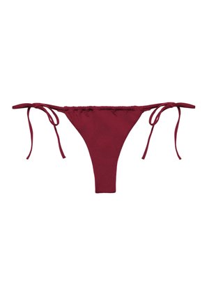 Bikinibroekje in kastanjebruine kleur met verstelbare zijstrikjes, ontworpen voor zwemkleding, afgebeeld op een witte achtergrond.