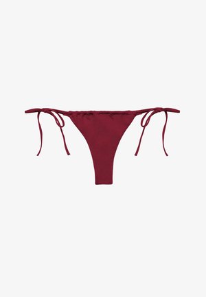 Bikinibroekje in kastanjebruine kleur met verstelbare zijstrikjes, ontworpen voor zwemkleding, afgebeeld op een witte achtergrond.