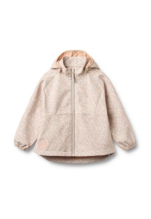 Lyserød børnejakke med hætte, lille blomsterprint, lynlås foran, elastiske manchetter og rund logo-patch nær kanten.