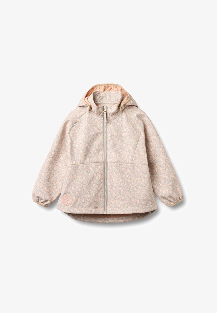 Veste à capuche pour enfants de couleur rose clair avec petit motif floral, fermeture éclair devant, poignets élastiques et patch logo rond près de l'ourlet.