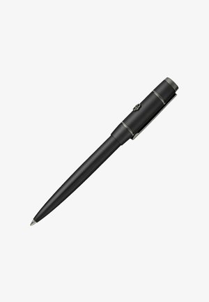 Bolígrafo negro texturizado con punta y clip plateados, con un pequeño cerrojo de palanca en la tapa.