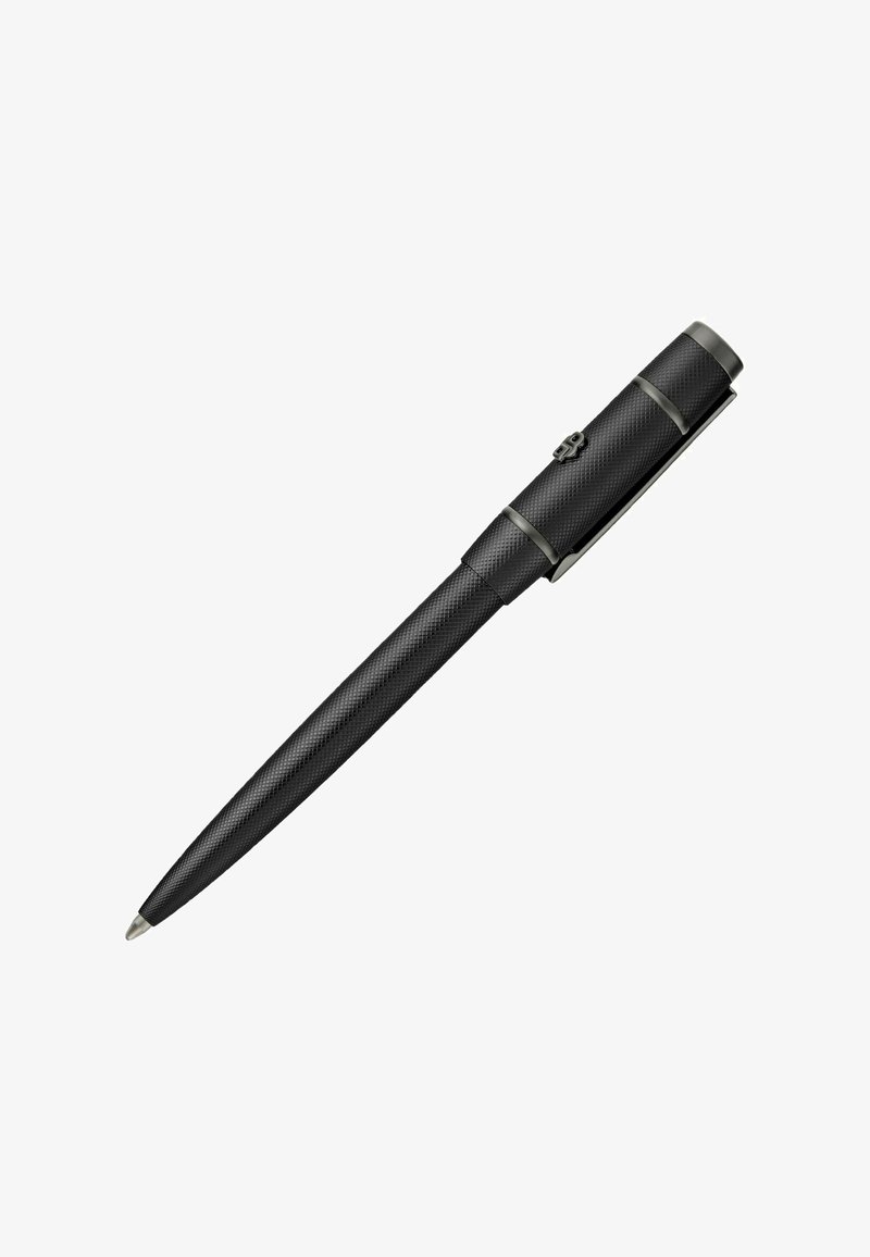 Stylo à bille noir texturé avec embout et clip argentés, doté d'un petit verrou à bascule sur le capuchon.
