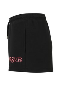Svarta bomullsshorts med elastisk midja, som har sidofickor och en rosa broderad "R.S.V.P." logotyp på vänster ben.