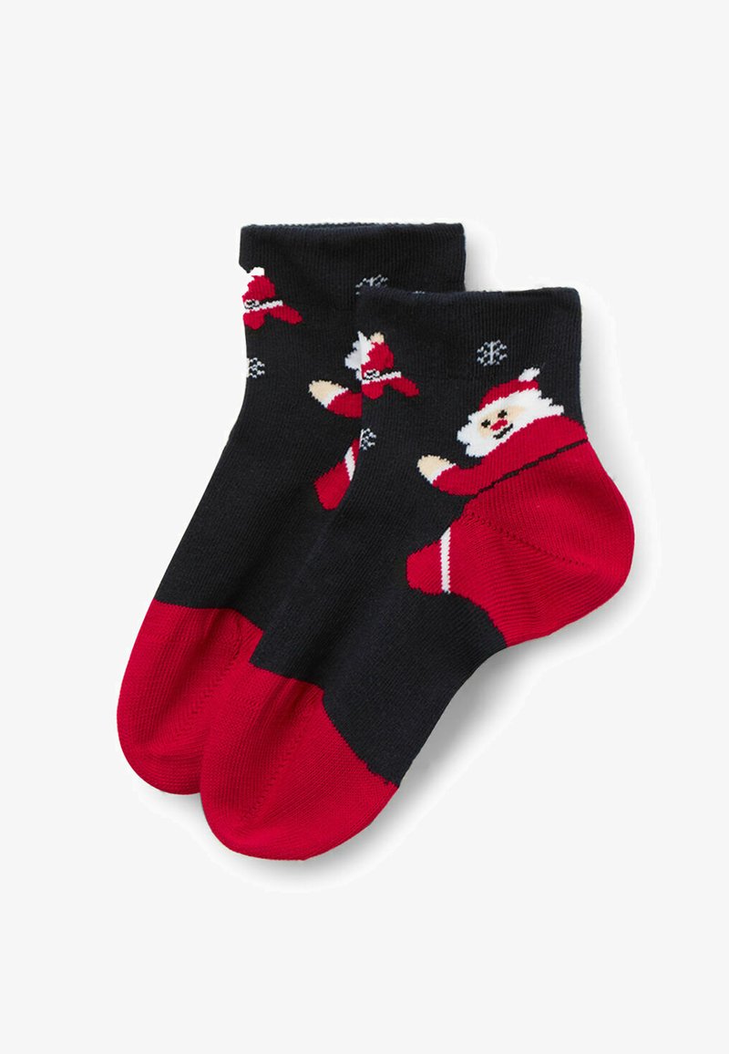 Calze fino al ginocchio con corpo nero, punta e tallone rossi. Presentano un motivo festivo con Babbo Natale, dettagli bianchi e fiocchi di neve. Tessuto morbido.