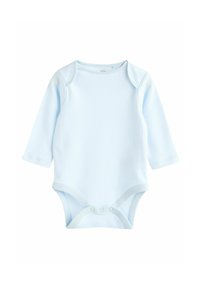 Bodysuit pour bébé à manches longues de couleur bleu clair, fabriqué en tissu côtelé doux ; il dispose de pressions à l'entrejambe et d'un col rond.
