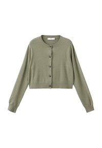 Cardigan verde accorciato in morbido tessuto a maglia, con colletto rotondo, chiusura con bottoni e polsini a coste.