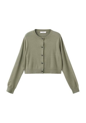 Cardigan verde recortado hecho de un material de punto suave, con cuello redondo, cierre de botones y puños acanalados.
