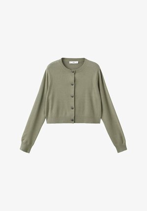 Cropped, green cardigan made of soft knit material, featuring a round neck, button closure, and ribbed cuffs.