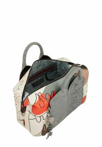 Mehrfarbige Handtasche aus Leder und Wildleder. Verfügt über ein abstraktes Design in Orange-, Grau- und Beigetönen. Reißverschluss mit zwei Griffen.
