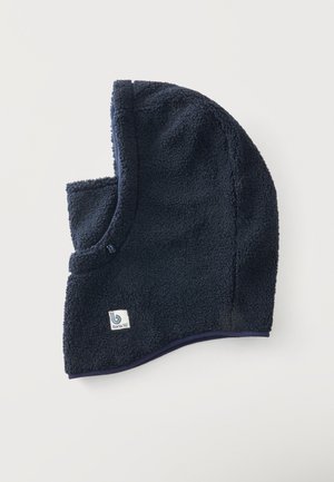 Navy blue fleece balaclava hood with a Barts '92 logo patch on the side, designed for warmth and full head coverage.