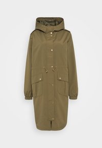 Olivgrüne Parka-Jacke aus wasserabweisendem Material, mit Kapuze, zwei Fronttaschen, goldfarbenen Beschlägen und verstellbarem Tunnelzug an der Taille.