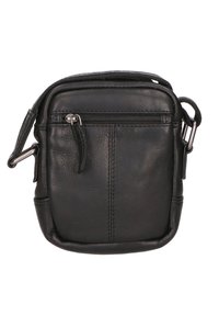 Borsa a tracolla nera in pelle con forma rettangolare, dotata di tasca frontale con zip, texture liscia e una breve tracolla regolabile.