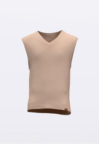 Gilet en tricot beige sans manches avec encolure en V, texture côtelée et petit détail de logo à l'ourlet. Conception ajustée.