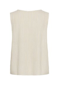 Ärmelloses beige-weiß gestreiftes Top mit geradem Saum und rundem Ausschnitt, von hinten gezeigt.