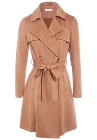 Camel suede trench coat with a notched collar, double-breasted front, belted waist, and long sleeves. Seam detailing throughout.