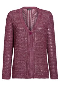 Spitzenmäßiger bordeauxfarbener Cardi, mit langen Ärmeln, tiefem V-Ausschnitt und einer Knopfleiste vorne. Strukturierte Strickmuster im gesamten Kleidungsstück, leichtes Design.