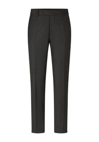 Pantaloni eleganti slim-fit grigio scuro con sottili microstrisce verticali e passanti per cintura, esposti su uno sfondo bianco.