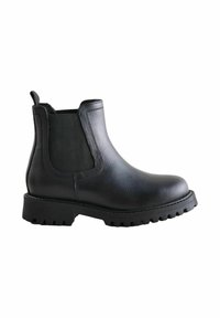 Botín Chelsea de cuero negro con paneles laterales elásticos, puntera redondeada y suela de goma resistente con profundas bandas para agarre.