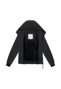 Črna jakna z mehkim črnim flisom znotraj. Ima kapuco, zadrgo in rebraste manšete. Enostaven dizajn, brez vidnih vzorcev ali akcentov.