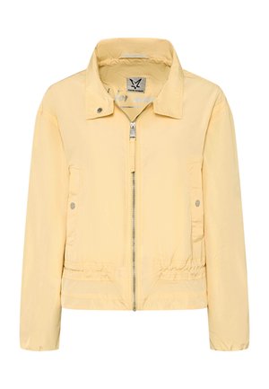 Light yellow zip-up jacket with stand collar, snap-button pockets on sides, and elasticated hem and cuffs.