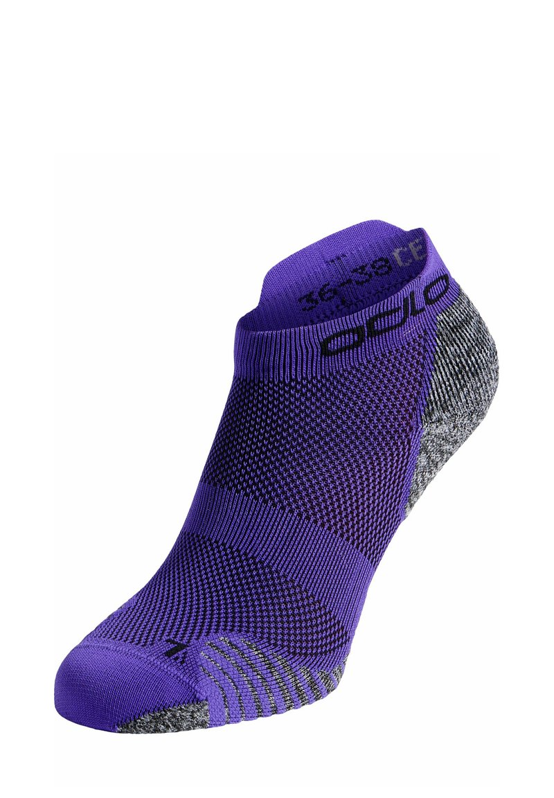 Lila Knöchelsocke mit grauem Muster, ausgestattet mit einem strukturierten oberen Teil und verstärktem Fersenbereich. Größe auf dem Bündchen angegeben. Atmungsaktives Material.