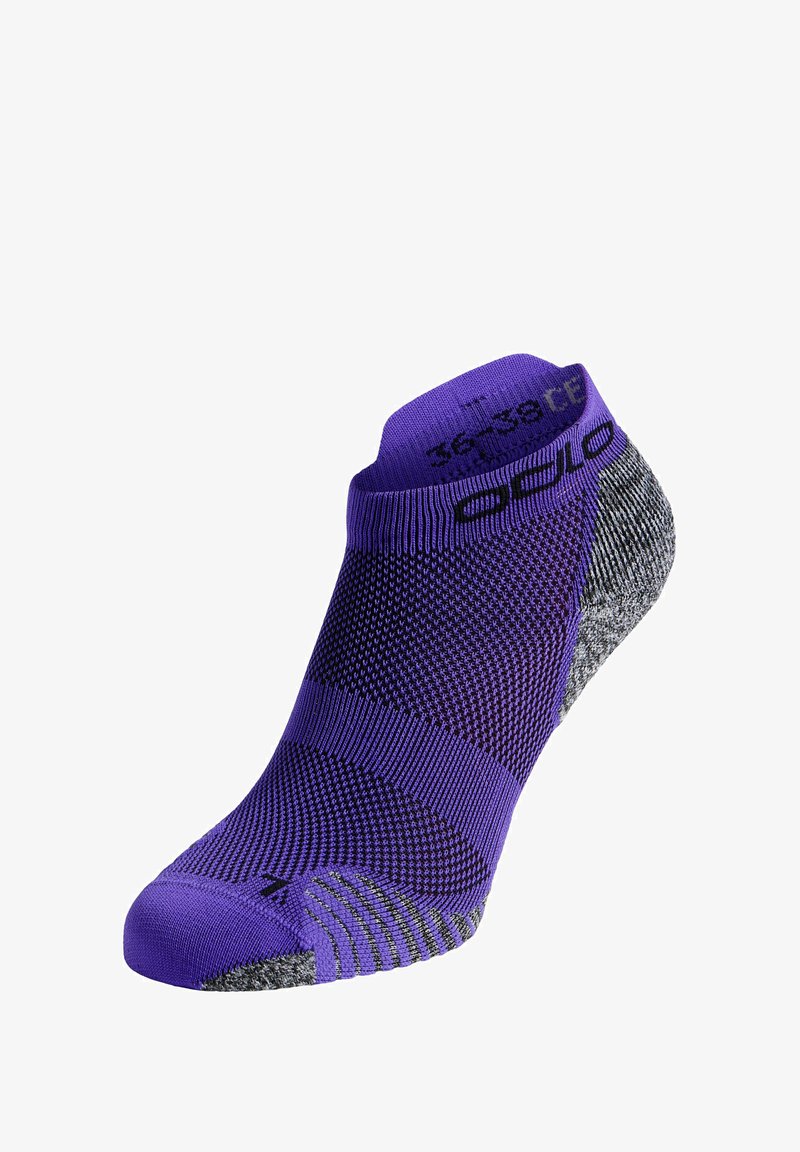 Lila Knöchelsocke mit grauem Muster, ausgestattet mit einem strukturierten oberen Teil und verstärktem Fersenbereich. Größe auf dem Bündchen angegeben. Atmungsaktives Material.