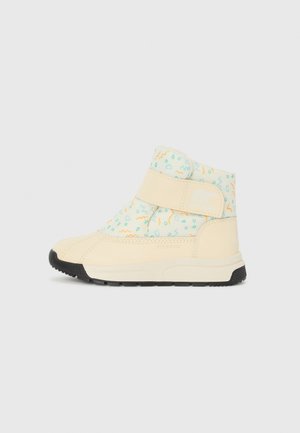 Beige waterproof ankle boot with an aqua patterned upper featuring orange and teal designs, Velcro strap, and black rubber sole.