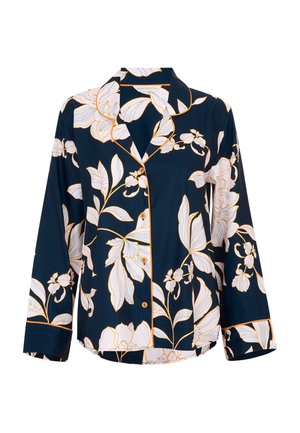 Navyblauwe blouse met lange mouwen, bloemenpatroon in wit en oranje. Voorzien van knoopsluiting aan de voorkant, een opstaande kraag en contrasterende afwerking.