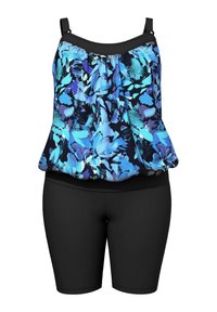 Costume da bagno nero con design floreale in tonalità di blu e viola. Presenta spalline larghe e una parte superiore fluida con pantaloni aderenti.
