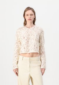 Kort, genomskinlig tröja med en texturerad garn i krämfärg, med ett öppenmönster och långa ärmar, kombinerad med ljusbeige byxor.