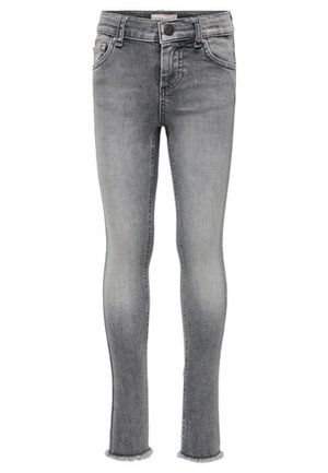 Skompresowane dżinsy wykonane z denimu o wyblakłym szarym odcieniu. Cechy to średni stan, pięć kieszeni oraz postrzępione wykończenie.