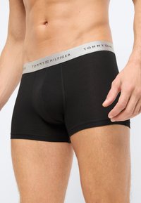 Crne bokserice s sivim pojasom na kojem se nalazi logo "TOMMY HILFIGER"; glatka tkanina, usisani dizajn i dužina do sredine bedra.