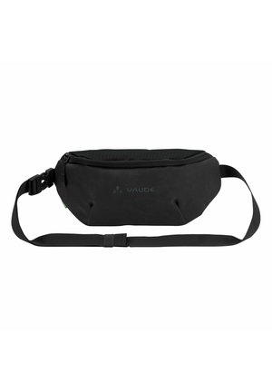 Marsupio nero con tessuto liscio, chiusura a zip, tracolla regolabile e logo. Design compatto con bordi arrotondati e base piatta.
