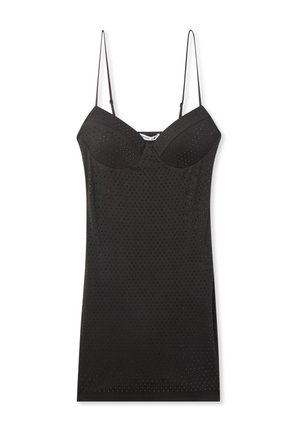 Abito nero aderente con spalline sottili, caratterizzato da un design perforato, coppe del busto strutturate e scollatura dritta. Texture liscia.