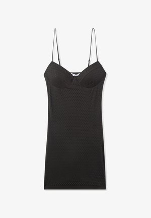 Abito nero aderente con spalline sottili, caratterizzato da un design perforato, coppe del busto strutturate e scollatura dritta. Texture liscia.