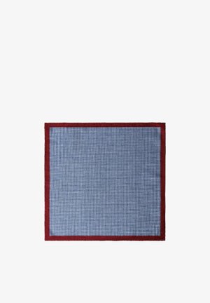 Blue and white houndstooth patterned square cloth with a solid red border, lying flat on a white background.