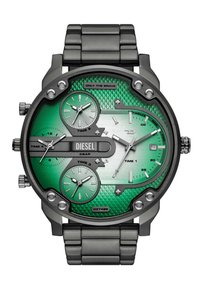 Orologio Diesel con cassa rotonda in metallo nero, quadrante verde texturizzato con più sottodial, dettagli argentati e bracciale a maglie nere coordinato.