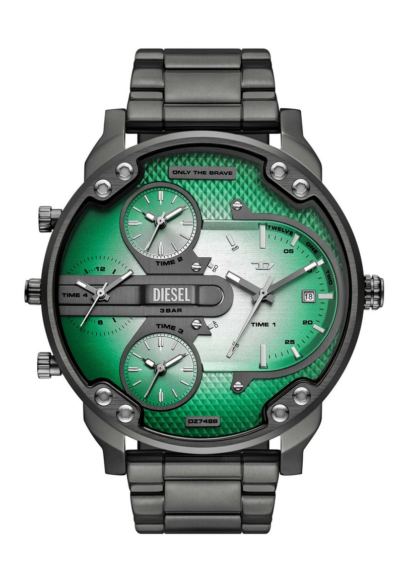 Orologio Diesel con cassa rotonda in metallo nero, quadrante verde texturizzato con più sottodial, dettagli argentati e bracciale a maglie nere coordinato.