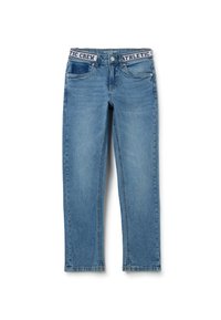 Jeans de mezclilla azul claro con un diseño de pierna recta, que cuentan con una cintura con marca y un estilo tradicional de cinco bolsillos.